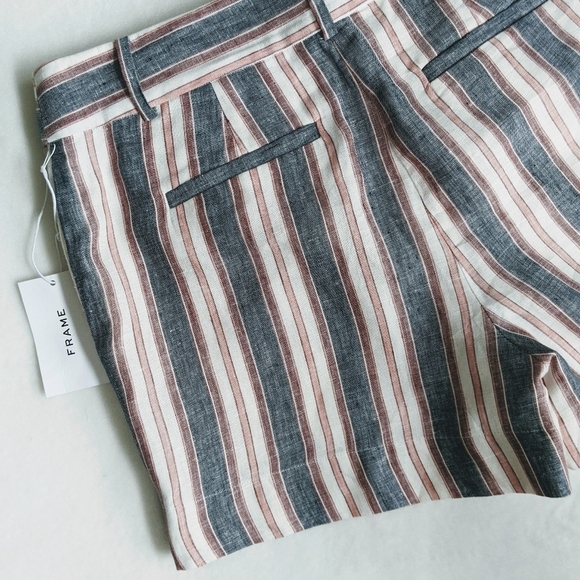 Frame Shorts Linen High Waist Zip Fly Striped Lined Natural Blue Red 8 NWT - Picture 8 of 14